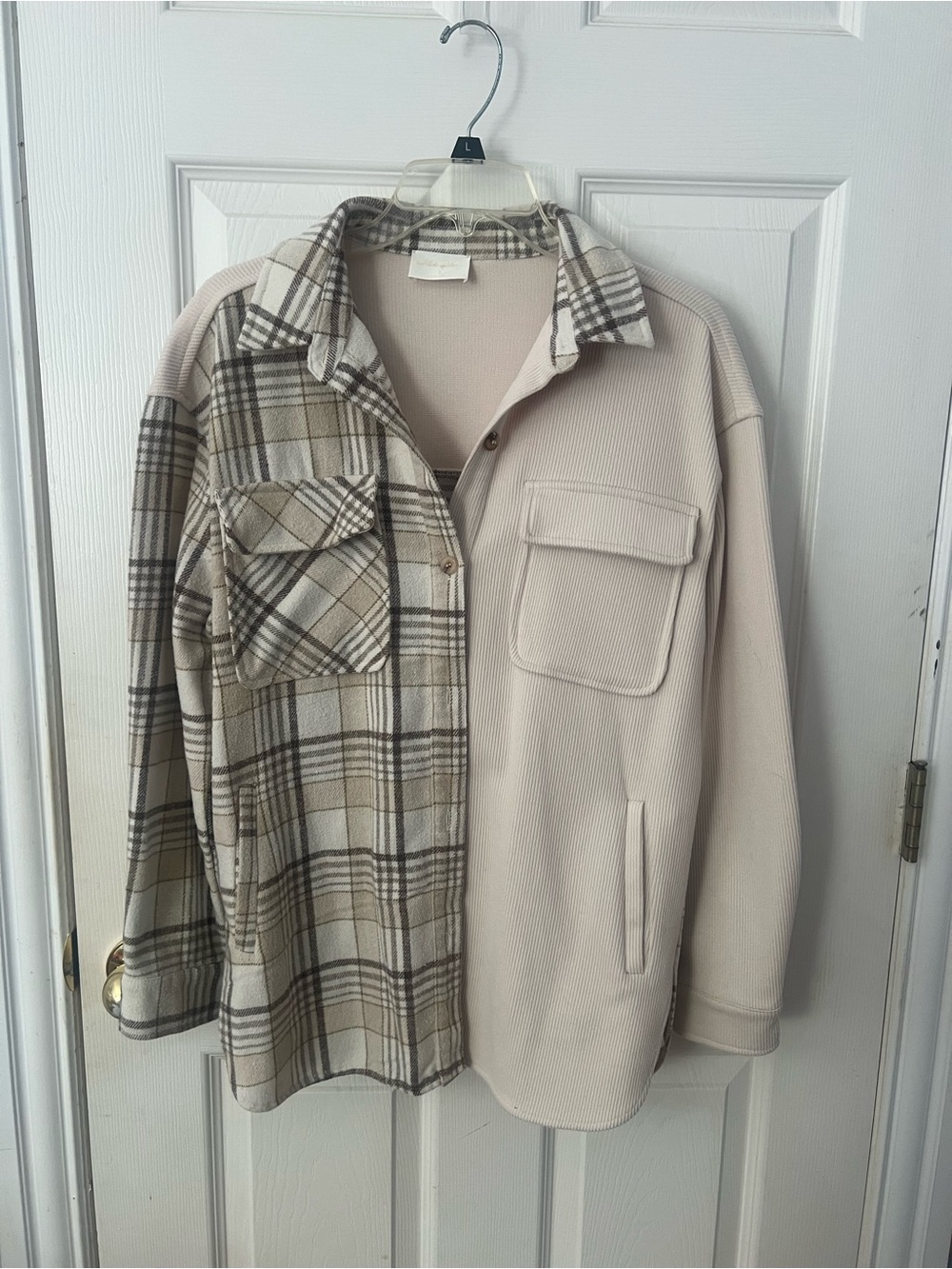 Two-Tone Cream Plaid Utility Shacket